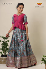 Satin Rose Bunch Pattu Pavadai For Girls Grey- Festive Wear!!!