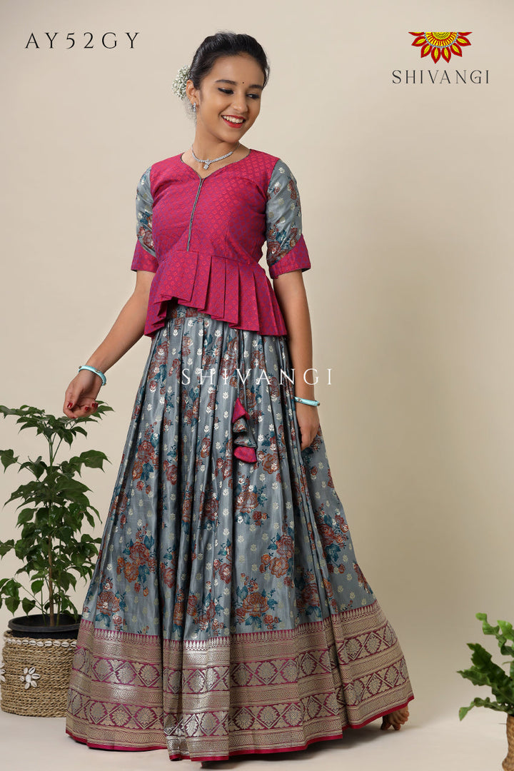 Satin Rose Bunch Pattu Pavadai For Girls Grey- Festive Wear!!!