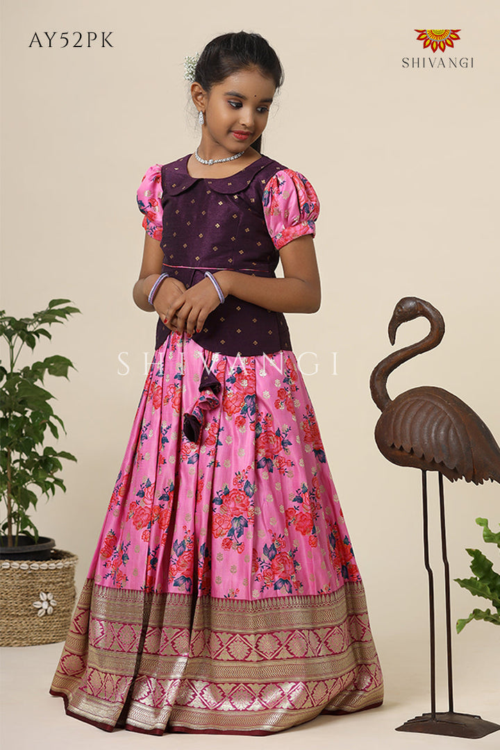 Satin Rose Bunch Pattu Pavadai For Girls Pink - Festive Wear!!!
