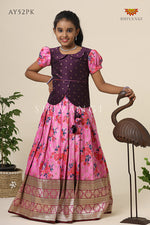 Satin Rose Bunch Pattu Pavadai For Girls Pink - Festive Wear!!!