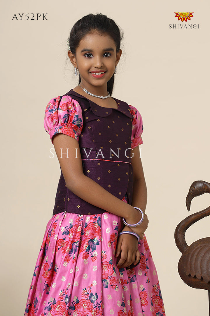 Satin Rose Bunch Pattu Pavadai For Girls Pink - Festive Wear!!!