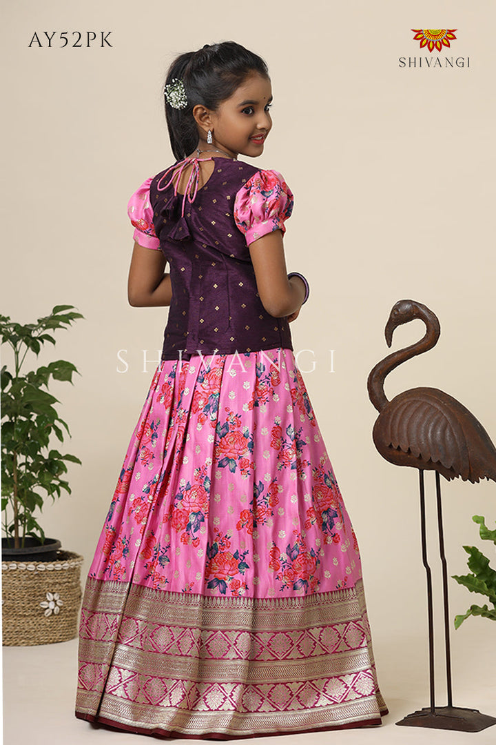 Satin Rose Bunch Pattu Pavadai For Girls Pink - Festive Wear!!!