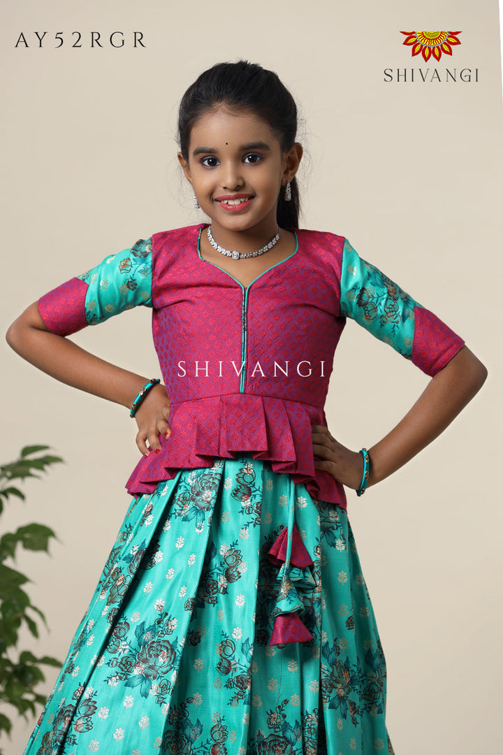 Satin Rose Bunch Pattu Pavadai For Girls Green- Festive Wear!!!