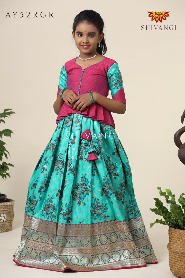 Satin Rose Bunch Pattu Pavadai For Girls Green- Festive Wear!!!