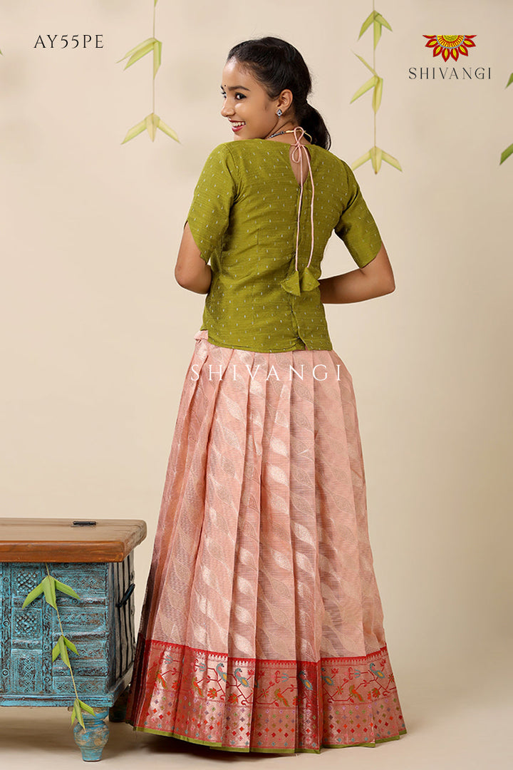 Peach Kota Wave Pattu Pavadai Diwali Collection for Girls