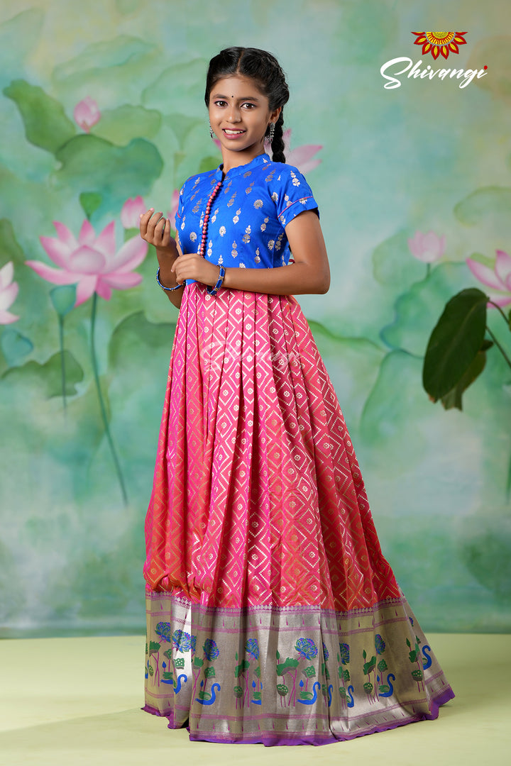 Designer Girls Peack Silk Swan Half Sleeve Satin Long Gown