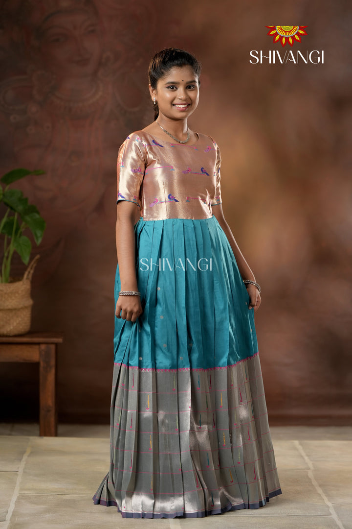 Blue Silver Oak Elbow Sleeve Long Gown For Girls