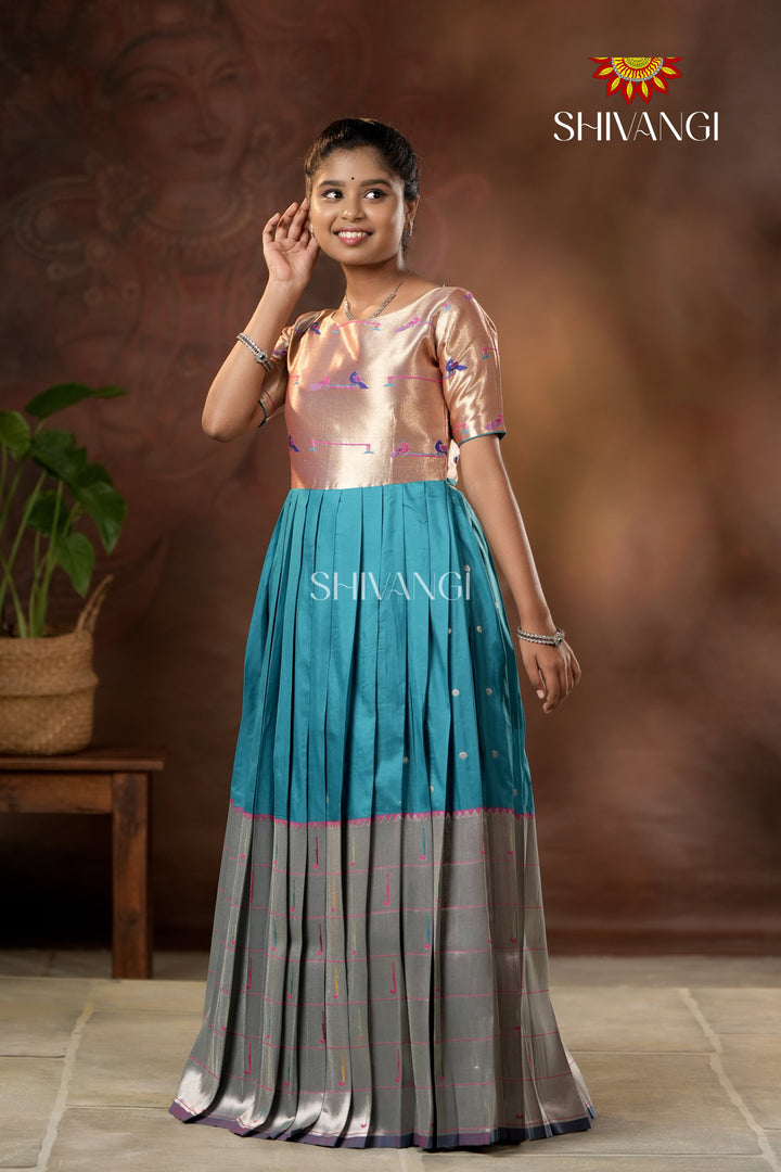 Blue Silver Oak Elbow Sleeve Long Gown For Girls