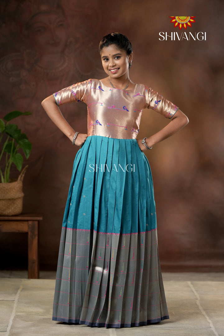 Blue Silver Oak Elbow Sleeve Long Gown For Girls