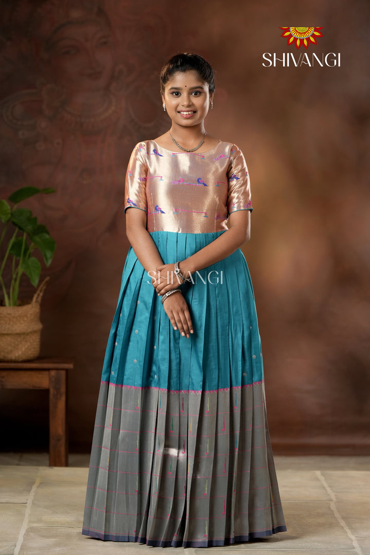 Blue Silver Oak Elbow Sleeve Long Gown For Girls