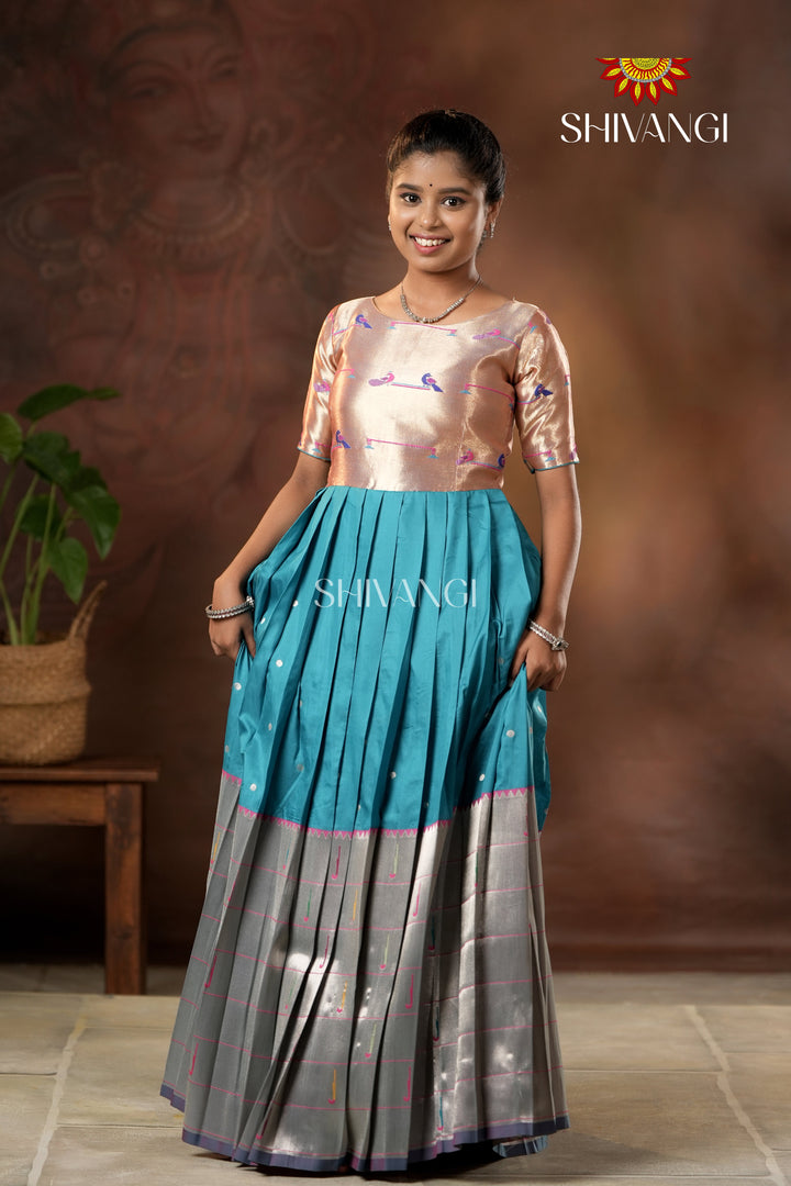 Blue Silver Oak Elbow Sleeve Long Gown For Girls