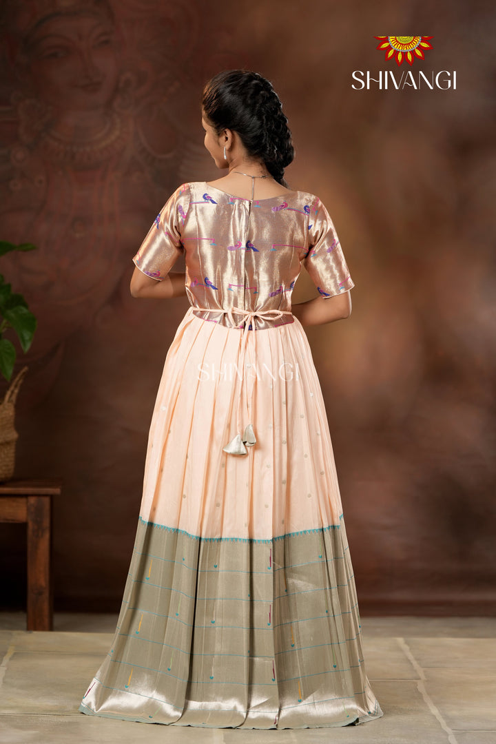 Peach Silver Oak Elbow Sleeve Long Gown For Girls