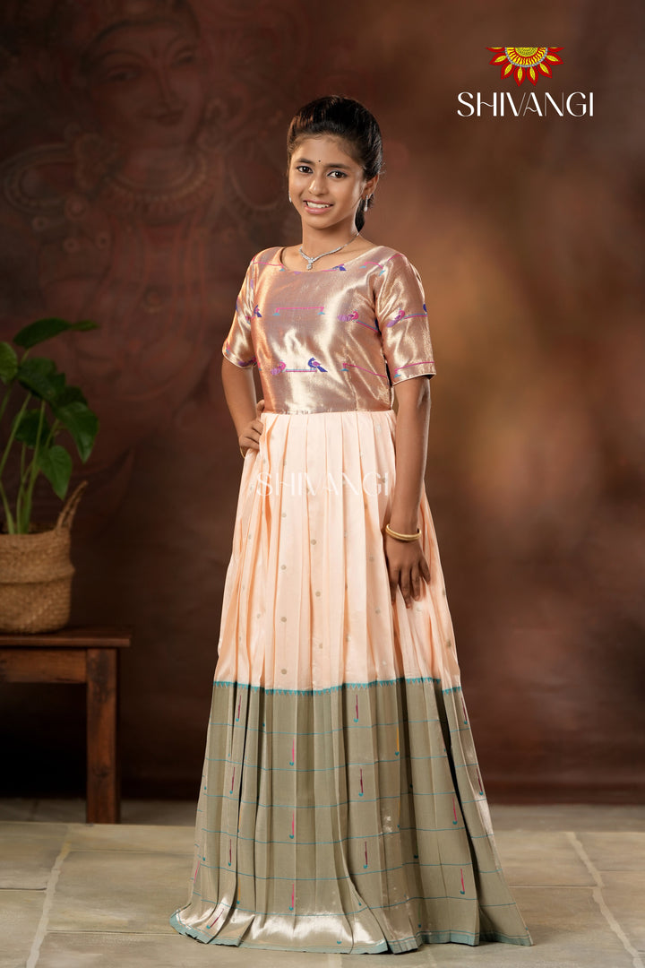 Peach Silver Oak Elbow Sleeve Long Gown For Girls