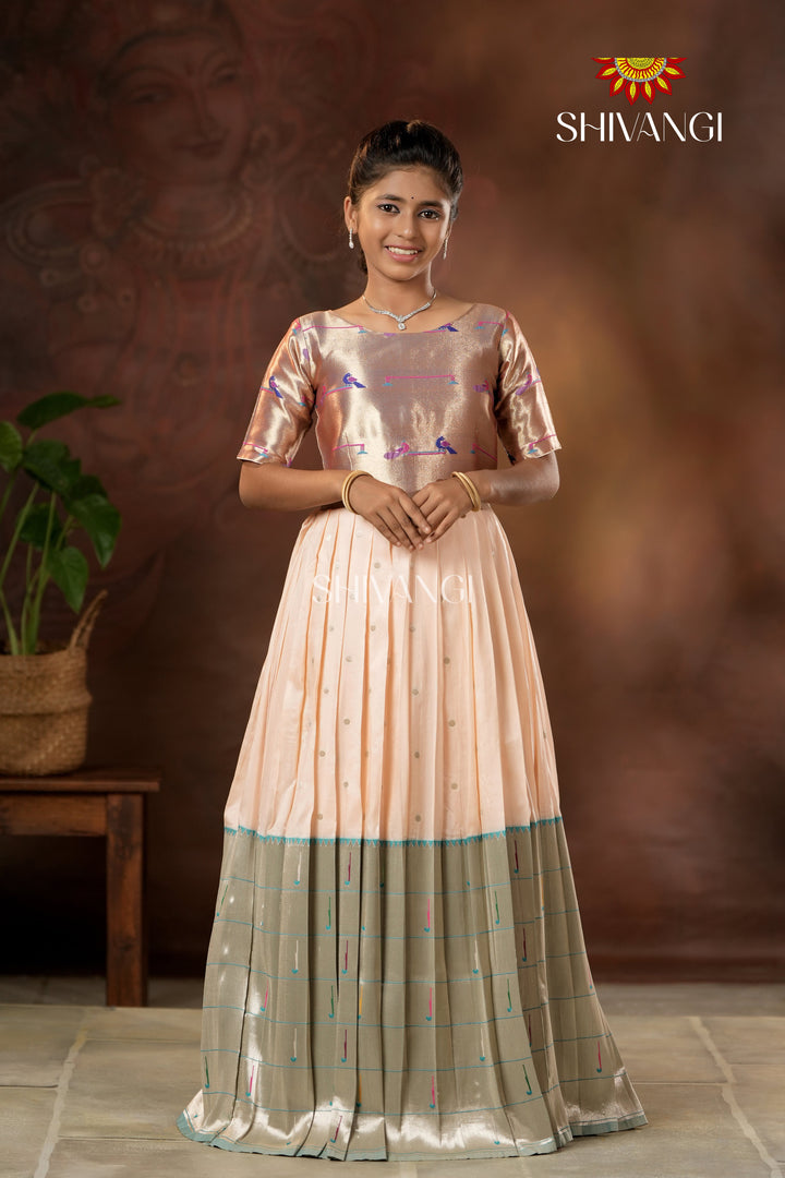 Peach Silver Oak Elbow Sleeve Long Gown For Girls