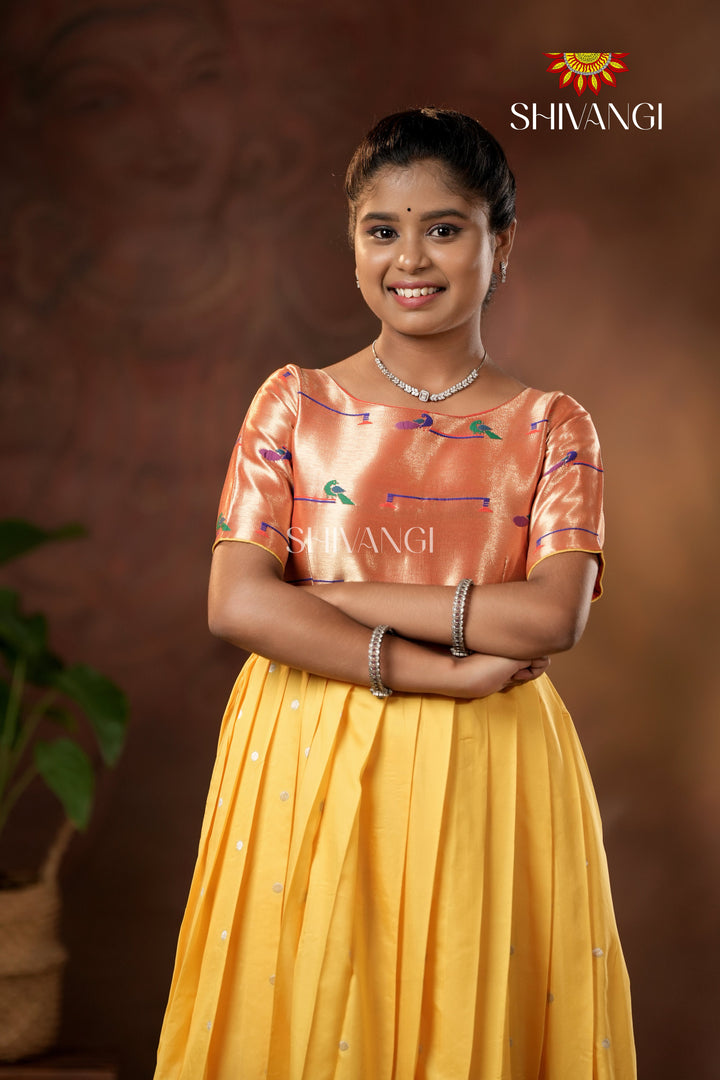 Yellow Silver Oak Elbow Sleeve Long Gown For Girls