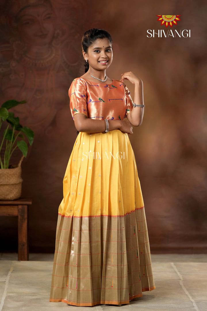 Yellow Silver Oak Elbow Sleeve Long Gown For Girls