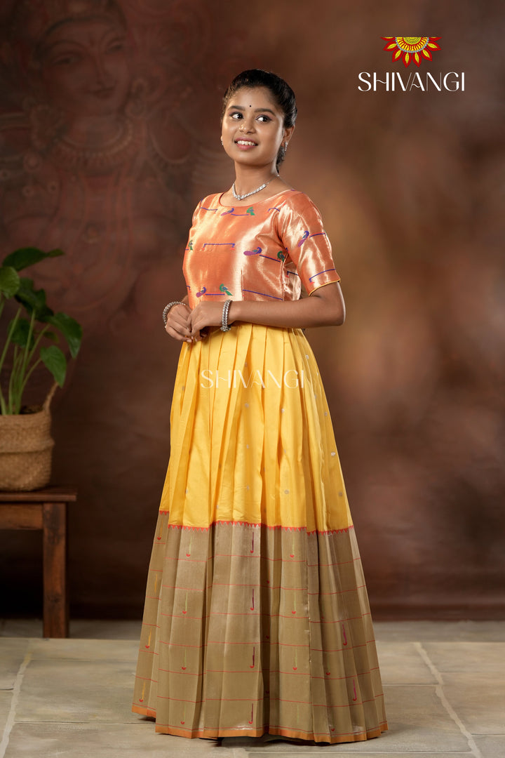 Yellow Silver Oak Elbow Sleeve Long Gown For Girls