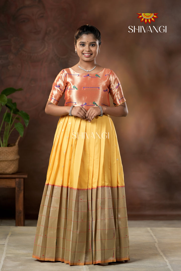 Yellow Silver Oak Elbow Sleeve Long Gown For Girls