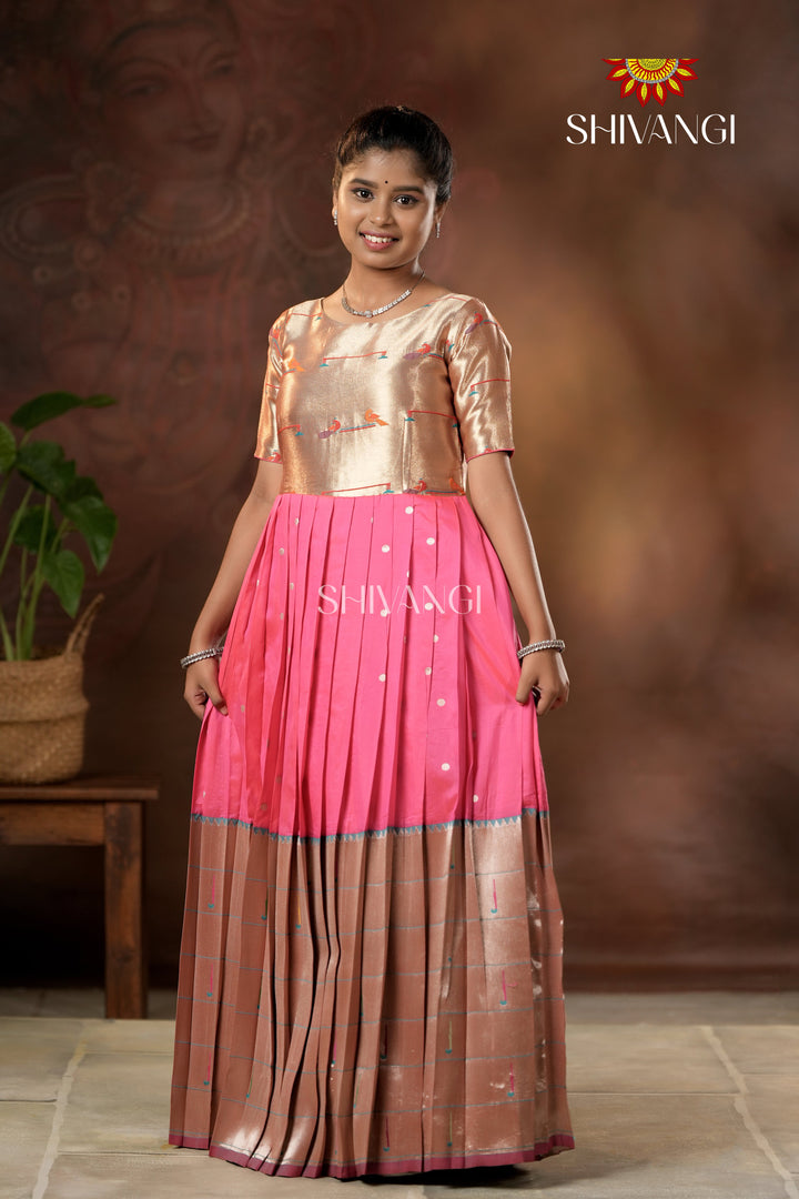 Pink Silver Oak Elbow Sleeve Long Gown For Girls