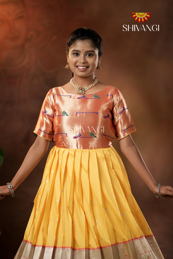 Yellow Silver Oak Elbow Sleeve Long Gown For Girls