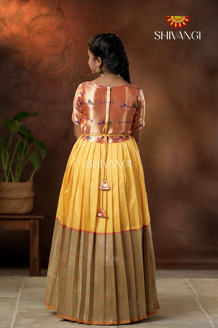 Yellow Silver Oak Elbow Sleeve Long Gown For Girls