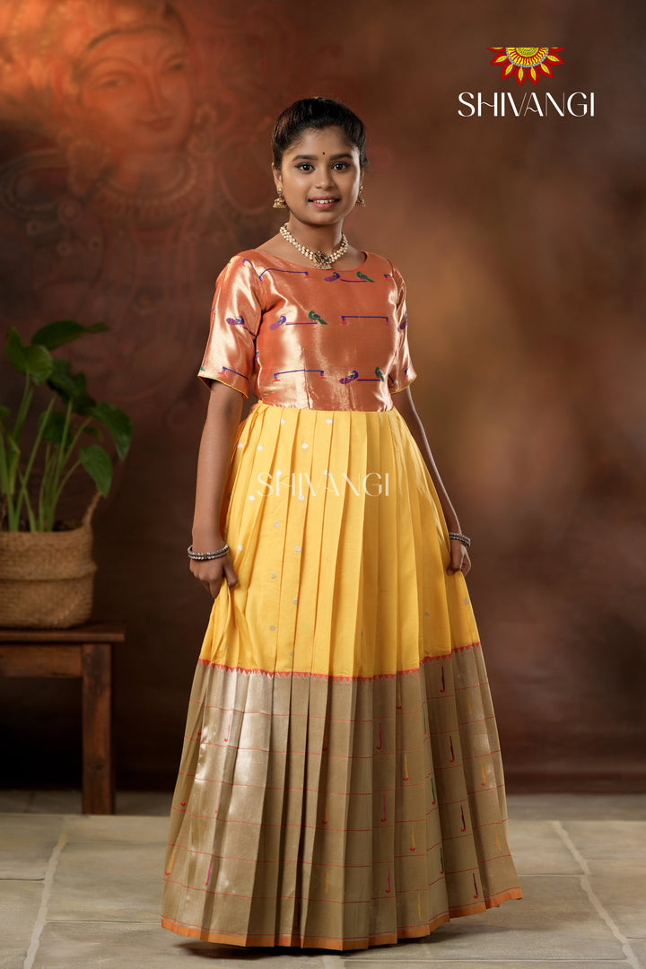 Yellow Silver Oak Elbow Sleeve Long Gown For Girls