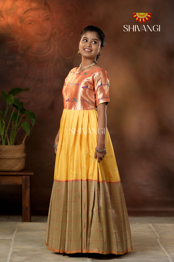 Yellow Silver Oak Elbow Sleeve Long Gown For Girls