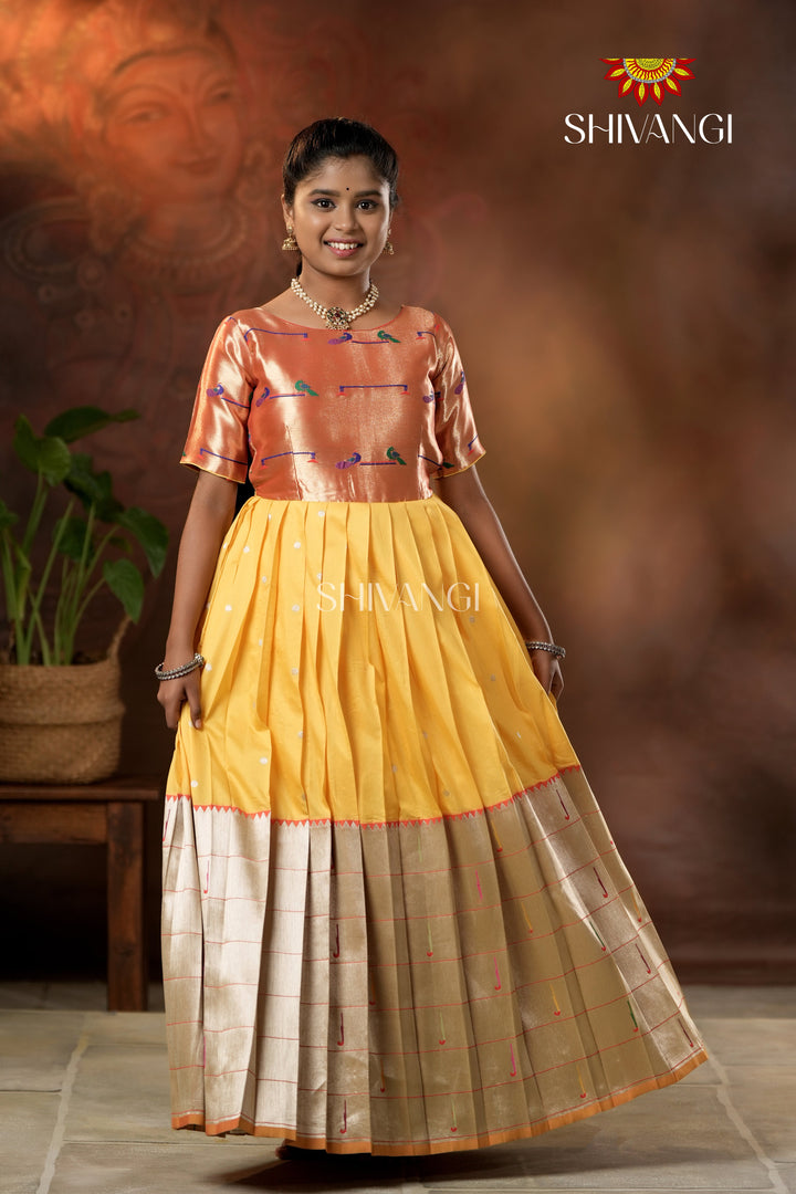 Yellow Silver Oak Elbow Sleeve Long Gown For Girls