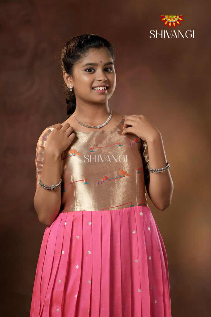 Pink Silver Oak Elbow Sleeve Long Gown For Girls