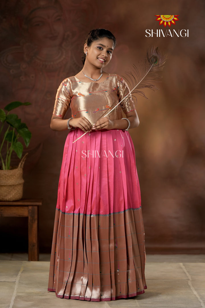 Pink Silver Oak Elbow Sleeve Long Gown For Girls