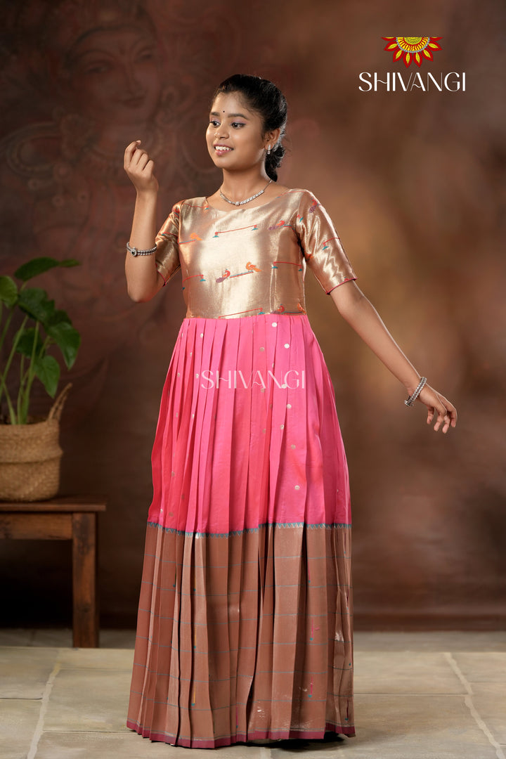 Pink Silver Oak Elbow Sleeve Long Gown For Girls