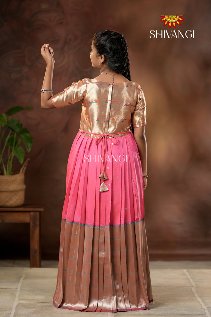 Pink Silver Oak Elbow Sleeve Long Gown For Girls