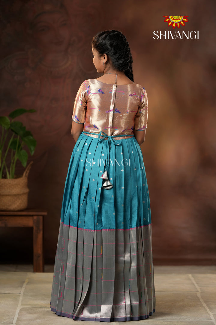 Blue Silver Oak Elbow Sleeve Long Gown For Girls