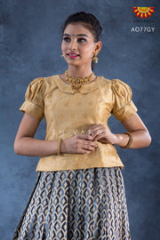 Girls Grey Golden Honeycomb Pattu Pavadai 