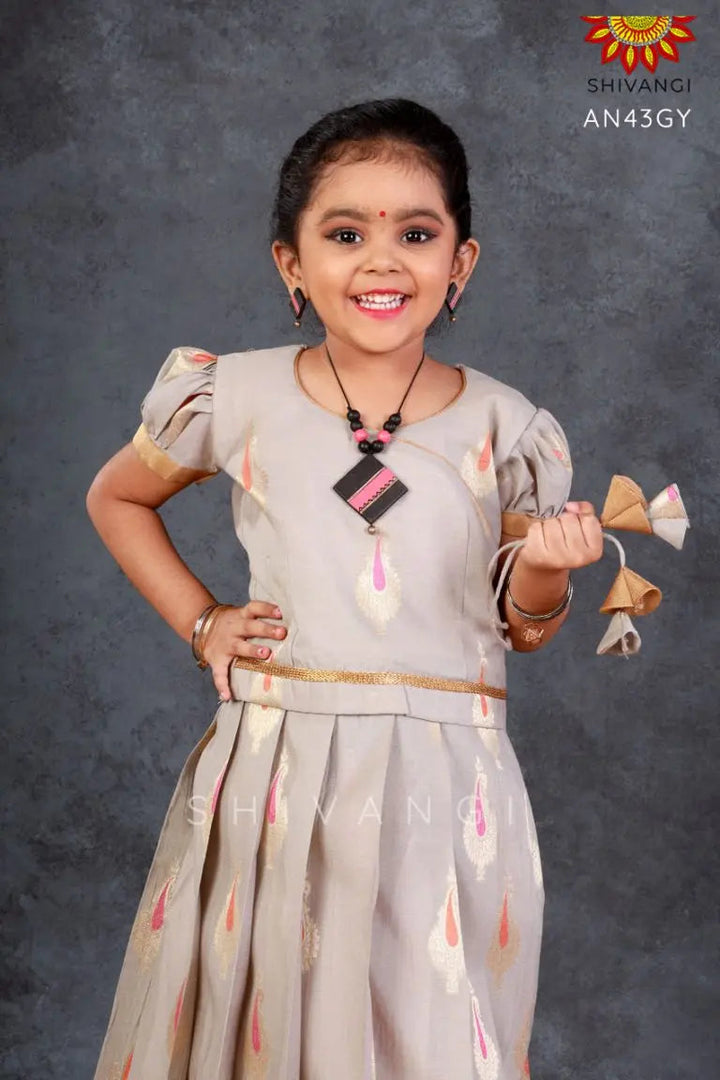 Girls Grey Hanging Mango Pattu Pavadai 