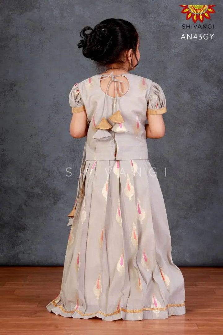 Girls Grey Hanging Mango Pattu Pavadai 