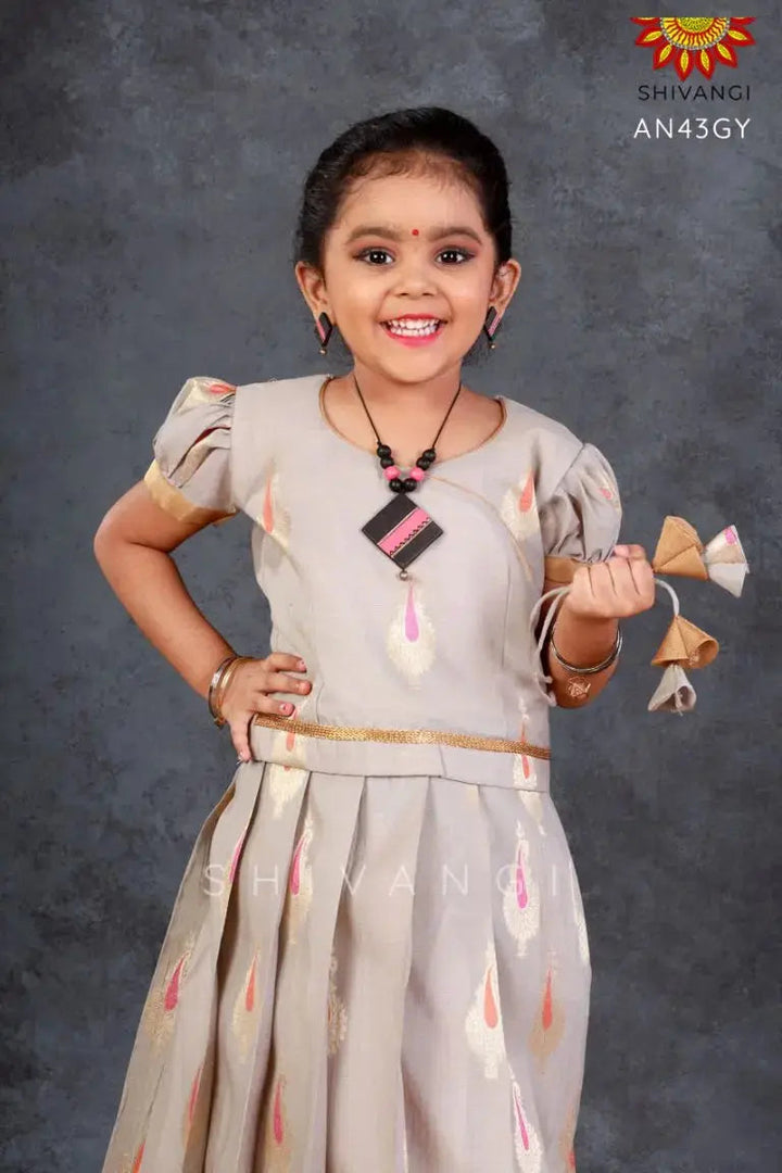 Girls Grey Hanging Mango Pattu Pavadai 