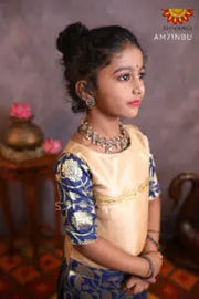 Girls Navy Blue Golden Creeper Pattu Pavadai 