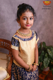 Girls Navy blue Golden Rose Bunch Pattu Pavadai 