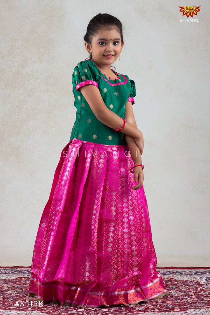 Pink Golden Shell Pattu Pavadai For Girls