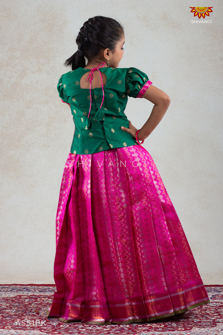 Pink Golden Shell Pattu Pavadai For Girls