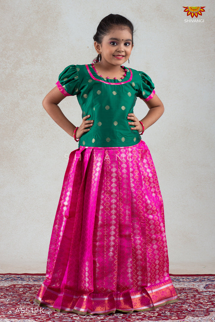Pink Golden Shell Pattu Pavadai For Girls