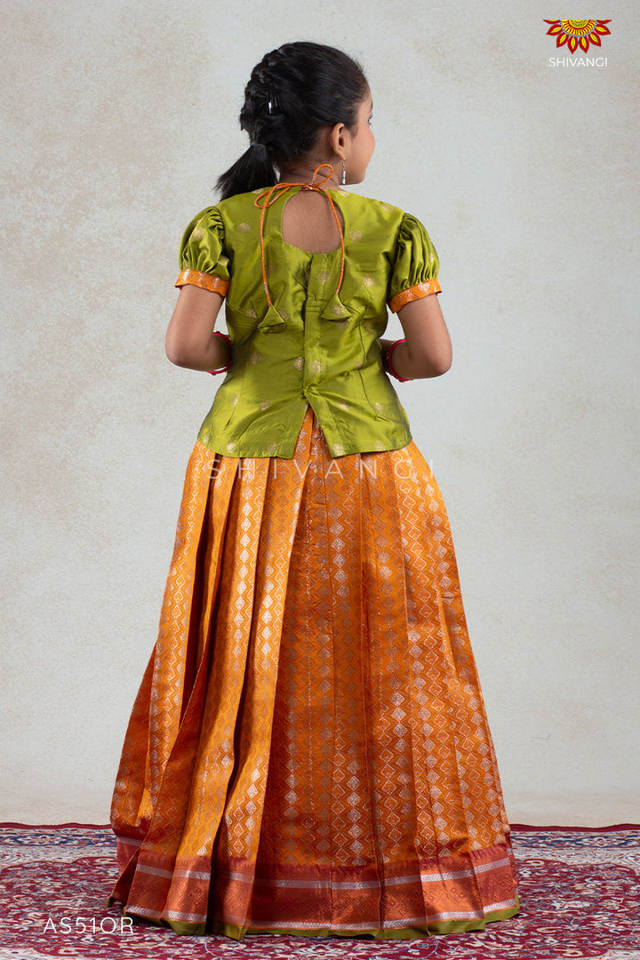 Orange Golden Shell Pattu Pavadai For Girls