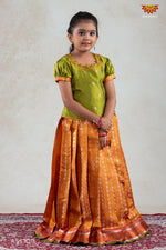 Orange Golden Shell Pattu Pavadai For Girls