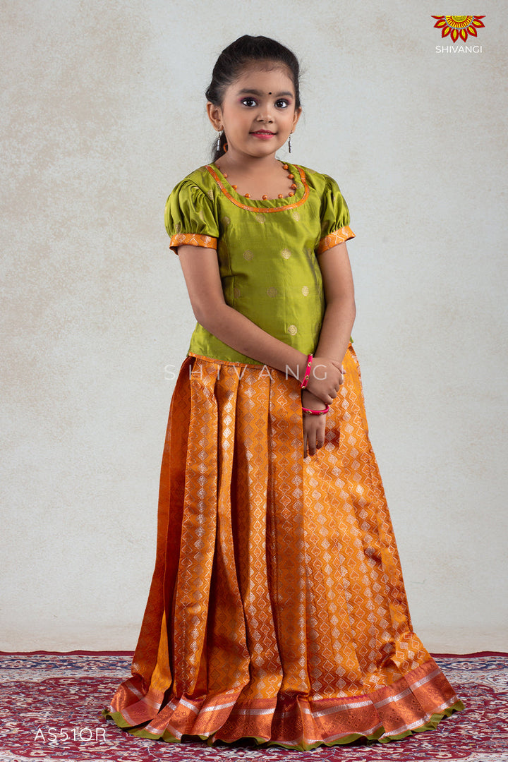 Orange Golden Shell Pattu Pavadai For Girls