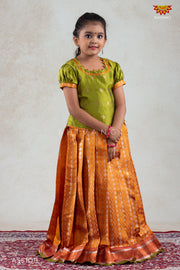 Orange Golden Shell Pattu Pavadai For Girls