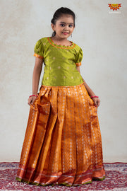 Orange Golden Shell Pattu Pavadai For Girls