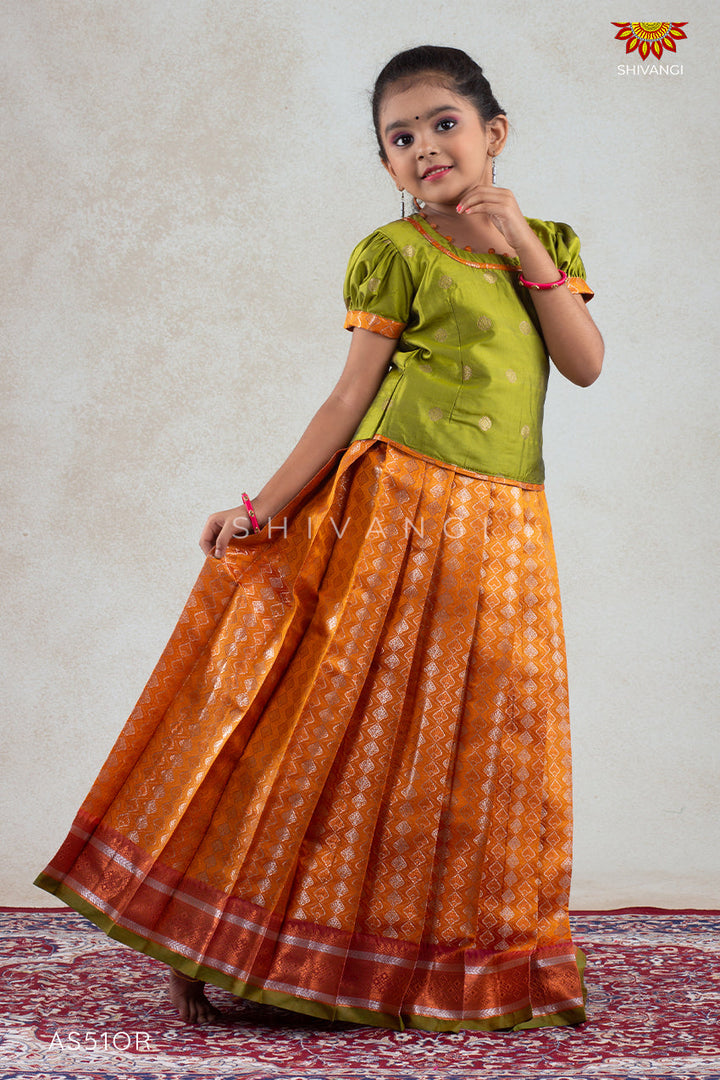 Orange Golden Shell Pattu Pavadai For Girls