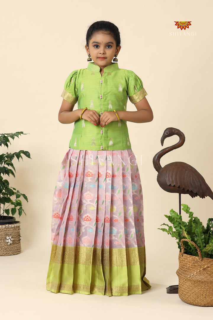 Lavender Kota Floral Pattu Pavadai For Girls - Festive Wear!!!