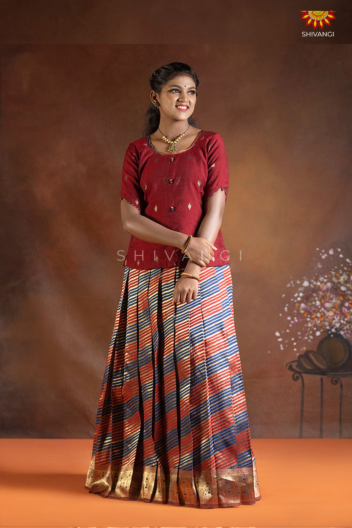 Navy Blue Girls Peacock Leheriya Pattu Pvadai